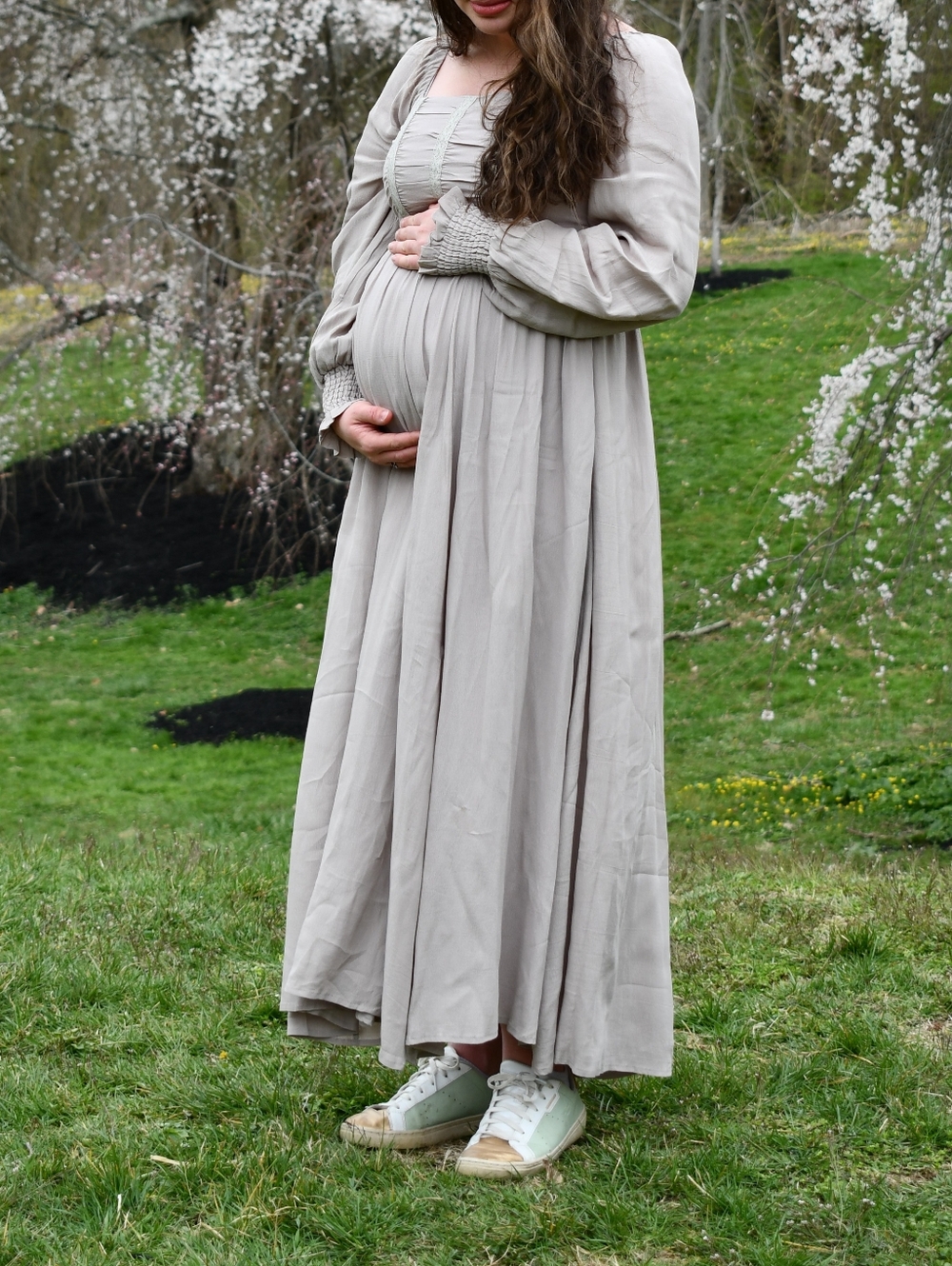 NWT Piper And Scoot Zwirner Maxi Dress in Light Taupe with Ruched Bodice